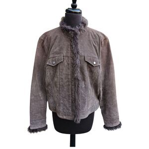Coldwater Creek Chocolate Brown Suede Fur Trim Zip Trucker Jacket Y2K L PETITE